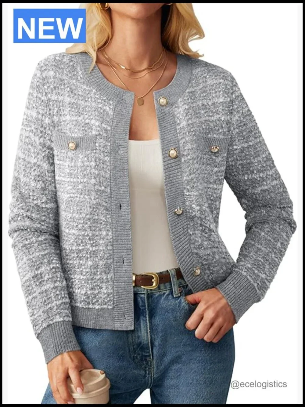 Open Front Button Down Long Sleeve Texture Knit Cardigan with Pockets